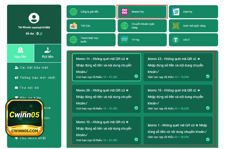 hình ảnh mô phỏng các phương thức nạp tiền bằng momo pay